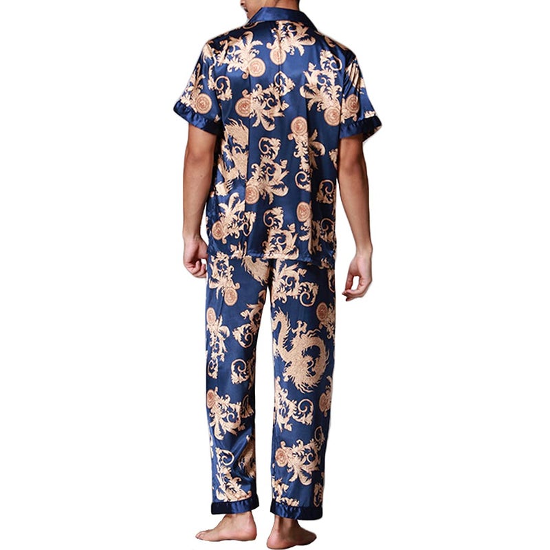 ZUEVI Men's Silk Satin Short Sleeve Pajamas Set Dragon Pattern Loungewear Button Down Pjs Set for Men(Blue Dragon-L) - Image 2